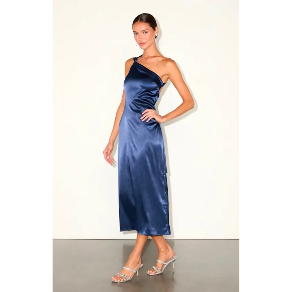 Lulus Yvonne Navy Satin One Shoulder Midi Dress Blue Small Womens Wedding Guest